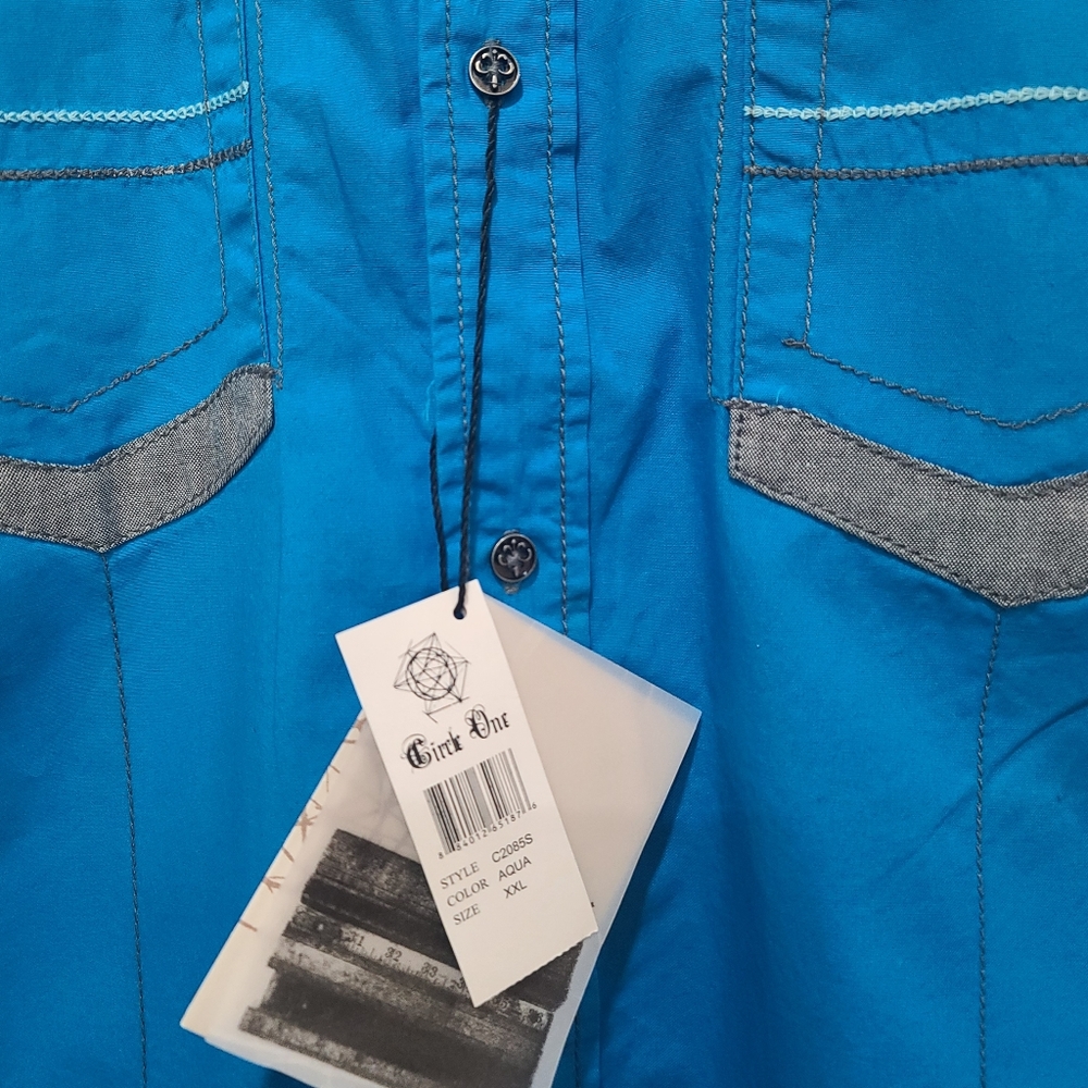 NWT 100% Cotton Aqua and Gray Men's Casual Button-Down Shirt, Size XXL - Picture 6 of 15